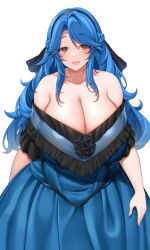 Rule 34 | 1girl, absurdres, bare shoulders, blue hair, braid, breasts, brown eyes, cleavage, dress, flower, hair ribbon, headband, highres, huge breasts, long dress, long hair, looking at viewer, open mouth, original, ribbon, simple background, smile, solo, suruga (xsurugax), white background
