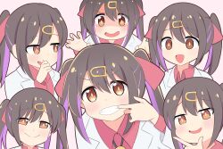 Rule 34 | 1girl, :d, black hair, black outline, bolo tie, brown eyes, commentary, empty, expressions, grin, hair between eyes, hair ornament, hair ribbon, hairclip, hand on own chin, highres, lab coat, mouth pull, multicolored hair, multiple views, onii-chan wa oshimai!, open mouth, orusu, outline, oyama mihari, purple hair, red ribbon, red shirt, ribbon, shaded face, shirt, simple background, smile, smug, twintails, two-tone hair