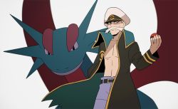 Rule 34 | 1boy, belt, black belt, black coat, black eyes, closed mouth, coat, collarbone, commentary request, creatures (company), drake (pokemon), facial hair, game freak, gen 3 pokemon, grey pants, hand up, hat, holding, holding poke ball, jaho, long sleeves, looking down, male focus, mustache, nintendo, open clothes, open coat, pants, poke ball, poke ball (basic), pokemon, pokemon (creature), pokemon oras, salamence, short hair, white background, white hair, white headwear