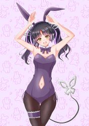 Rule 34 | 1girl, nanashi inc., alternate costume, animal ears, animal print, armpits, arms up, black hair, black pantyhose, blush, bow, bowtie, breasts, clothing cutout, collar, commentary request, cowboy shot, demon girl, demon tail, detached collar, fake animal ears, highres, kojo anna, leotard, long hair, looking at viewer, medium breasts, multicolored hair, navel cutout, open mouth, pantyhose, paw print, paw print background, pink background, pink hair, playboy bunny, pointy ears, purple bow, purple bowtie, purple leotard, rabbit ears, rabbit pose, rabbit print, robou no stone, smile, solo, strapless, strapless leotard, sugar lyric, tail, thigh strap, two-tone hair, virtual youtuber, white collar, yellow eyes