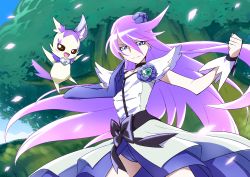 Rule 34 | 10s, 1girl, asymmetrical clothes, blue eyes, bow, brooch, choker, cologne (heartcatch precure!), cure moonlight, elbow gloves, eyelashes, flower, gloves, hair flower, hair ornament, heart, heart brooch, heartcatch precure!, long hair, maeashi, magical girl, petals, precure, purple hair, single elbow glove, single glove, smile, tree, tsukikage yuri, waist bow, wrist cuffs