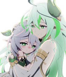 Rule 34 | 2girls, commentary request, detached sleeves, eyes visible through hair, genshin impact, gradient hair, green eyes, grey hair, hair between eyes, hair ornament, highres, hug, kohau1410, long hair, long sleeves, looking at another, multicolored hair, multiple girls, nahida (genshin impact), pointy ears, rukkhadevata (genshin impact), short sleeves, side ponytail, sidelocks, simple background, streaked hair, symbol-shaped pupils, trait connection, two-tone hair, white background
