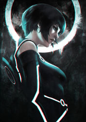 Rule 34 | 1girl, absurdres, black bodysuit, black hair, blue eyes, bodysuit, breasts, commentary, disc (tron), elbow gloves, english commentary, eyelashes, from side, gloves, highres, lips, makeup, mascara, medium breasts, monori rogue, neon trim, nose, quorra, short hair, solo, tron, tron: legacy, upper body