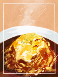 Rule 34 | food, food focus, highres, no humans, omelet, omurice, original, plate, poipoooo, steam, still life, tan background