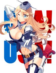 Rule 34 | 10s, 1girl, blonde hair, blue eyes, blush, breasts, cleavage, elbow gloves, fingerless gloves, garter straps, gloves, iowa (kancolle), kantai collection, large breasts, long hair, looking at viewer, midriff, miniskirt, navel, one eye closed, skirt, solo, star-shaped pupils, star (symbol), symbol-shaped pupils, syunga, thighhighs, zettai ryouiki