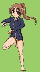 Rule 34 | 1girl, bare legs, barefoot, female focus, full body, jacket, long sleeves, naked jacket, saki (manga), simple background, solo, takakamo shizuno, track jacket