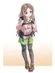 Rule 34 | 1girl, aoba kokona, backpack, bag, boots, brown hair, closed mouth, dot nose, female focus, full body, hair ornament, hairclip, hal-py, highres, jacket, long hair, pants, simple background, smile, solo, standing, yama no susume