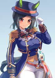 Rule 34 | 1girl, animal ears, black hair, blue hat, blush, bow, bowtie, closed mouth, commentary request, cowboy shot, ears through headwear, epaulettes, hair ornament, hairclip, hat, highres, horse ears, horse girl, looking at viewer, official alternate costume, official alternate hairstyle, red bow, red bowtie, red eyes, short hair, smile, solo, striped bow, striped bowtie, striped clothes, umamusume, winning ticket (glorious coat) (umamusume), winning ticket (umamusume), yuutopia