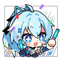 Rule 34 | 1girl, ahoge, blue eyes, blue hair, chibi, commentary, confetti, detached sleeves, english commentary, gloves, hair between eyes, hair ornament, high ponytail, holding, honkai (series), honkai impact 3rd, light blue hair, long hair, official art, open mouth, ponytail, shigure kira, smile, solo, star-shaped pupils, star (symbol), symbol-shaped pupils, transparent background