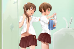 Rule 34 | 1boy, 1girl, androgynous, bad id, bad pixiv id, blush, brother and sister, brown eyes, brown hair, crossdressing, green eyes, laundry, open clothes, open mouth, open shirt, original, panties, school uniform, shirt, short hair, siblings, skirt, smile, trap, twintails, underwear, undressing, washing machine, yuki18r
