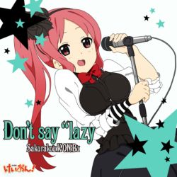 Rule 34 | 1girl, album cover, breasts, cover, don&#039;t say &quot;lazy&quot;, female focus, k-on!, large breasts, long hair, microphone, miura akane, open mouth, pink hair, ponytail, solo, star (symbol), white background