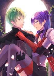 Rule 34 | 1boy, 1girl, armor, asymmetrical clothes, breasts, byleth (fire emblem), byleth (male) (fire emblem), carrying, choker, cleavage, closed mouth, couple, fire emblem, fire emblem: three houses, fire emblem warriors: three hopes, gloves, hair bun, hair over one eye, large breasts, long hair, nintendo, princess carry, purple eyes, purple hair, riou (pooh920), shez (female) (fire emblem), shez (fire emblem), simple background, single hair bun, smile