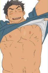 Rule 34 | 1boy, 1other, abs, bad id, bad pixiv id, bara, blue shirt, blush, closed eyes, clothes lift, grey hair, highres, male focus, male pubic hair, muscular, navel, nipples, open mouth, original, pectorals, pubic hair, sagami jon, shirt, shirt lift, short hair, sweatdrop, undressing another, white background