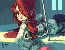 Rule 34 | 1girl, alex ahad, atlus, bow, hair over one eye, kirijou mitsuru, long hair, lying, on side, persona, persona 3, red eyes, red hair, signature, sketch, solo, sweater