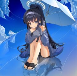 Rule 34 | 1girl, absurdres, bikini, black bikini, black hair, blue archive, blue jacket, blue sky, blue umbrella, cloud, cloudy sky, frown, hair between eyes, hair intakes, hairband, halo, highres, holding, holding umbrella, jacket, knees up, long hair, long sleeves, looking at viewer, official alternate costume, official alternate hairstyle, open mouth, ponytail, purple eyes, purple hairband, reflective floor, sitting, sky, slippers, solo, swimsuit, ui (blue archive), ui (swimsuit) (blue archive), umbrella, very long hair, wavy mouth, white halo, yuhezi