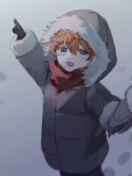 Rule 34 | 1boy, blue eyes, coat, commentary request, crossed bangs, fur-trimmed coat, fur trim, genshin impact, highres, hood, hood up, male focus, open mouth, orange hair, pointing, red scarf, scarf, smile, snow, solo, teucer (genshin impact), umenoume
