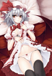Rule 34 | 1girl, bat wings, black thighhighs, blush, bow, bowtie, bra, breasts, cameltoe, clothes lift, female focus, hat, hat ribbon, highres, lace, looking at viewer, lying, mob cap, navel, open clothes, panties, petticoat, pointy ears, red eyes, remilia scarlet, ribbon, seductive smile, short hair, side-tie panties, silver hair, skirt, skirt lift, small breasts, smile, solo, thigh gap, thighhighs, touhou, underwear, upskirt, utakata (kochou no yume), white panties, wings, wrist cuffs