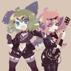 Rule 34 | 2girls, animal ears, bird ears, bird wings, black footwear, black gloves, black jacket, black thighhighs, boots, breasts, choujuu gigaku, cleavage, dog ears, dog tail, doryata, electric guitar, fang, fingerless gloves, gloves, green eyes, green hair, guitar, highres, holding, holding instrument, instrument, jacket, kasodani kyouko, long sleeves, mouth hold, multiple girls, mystia lorelei, navel, open clothes, open jacket, pink eyes, pink hair, plectrum, short hair, simple background, small breasts, tail, thigh boots, thighhighs, touhou, white wings, wings, yellow background