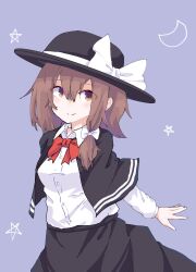 Rule 34 | 1girl, black capelet, black hat, black skirt, bow, bowtie, braid, breasts, brown eyes, brown hair, capelet, closed mouth, collared shirt, commentary, crescent, crescent pin, fedora, grey background, hat, hat bow, highres, kalmia495, long sleeves, medium breasts, pentagram, red bow, red bowtie, shirt, short hair, side braid, simple background, single braid, skirt, smile, solo, star (symbol), touhou, usami renko, white bow, white shirt