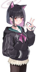 Rule 34 | 1girl, absurdres, animal ears, black hair, black jacket, black pantyhose, blue archive, blush, cat ears, cellphone, closed mouth, colored inner hair, gubbi on, halo, highres, holding, holding phone, hood, hood down, hooded jacket, jacket, kazusa (blue archive), multicolored hair, pantyhose, phone, pink hair, pink halo, pleated skirt, red eyes, short hair, simple background, skirt, smartphone, solo, white background, white skirt