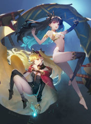Rule 34 | 2girls, :d, armlet, asymmetrical sleeves, barefoot, black dress, black hair, black legwear, blonde hair, breasts, cage, cloak, commentary, detached collar, detached sleeves, dress, earrings, ereshkigal (fate), fate/grand order, fate (series), floating, floating hair, full body, hair ribbon, heavenly boat maanna, high heels, highres, holding, holding cage, hoop earrings, ishtar (fate), jewelry, knees up, legs, long hair, looking at viewer, medium breasts, multiple girls, navel, necklace, open mouth, red cloak, red eyes, red ribbon, ribbon, short dress, siblings, siino, single detached sleeve, single sleeve, single thighhigh, sisters, skull necklace, smile, strapless, strapless dress, thighhighs, tiara, toes, twitter username, two side up, underboob, uneven sleeves