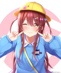 Rule 34 | 1girl, ;), arms up, azukiman, bag, blue bow, blush, bow, closed mouth, commentary request, fingers to cheeks, hair between eyes, hair ornament, hairclip, hat, highres, idolmaster, idolmaster shiny colors, kindergarten uniform, long hair, long sleeves, looking at viewer, name tag, one eye closed, osaki tenka, pink bow, polka dot, polka dot bow, school hat, shoulder bag, sidelocks, smile, solo, twitter username, two-tone background, two side up, upper body, yellow eyes