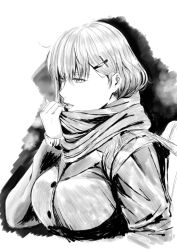 Rule 34 | 1girl, breasts, buttons, commentary request, greyscale, ishii hisao, kantai collection, large breasts, long hair, long sleeves, md5 mismatch, monochrome, open mouth, scarf, simple background, solo, suzuya (kancolle), white background
