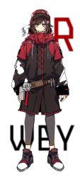Rule 34 | 1girl, bad id, bad twitter id, belt, blurry, blush, brown belt, brown eyes, brown hair, closed mouth, cross, fingernails, flower, hat, highres, jacket, light blush, long hair, red jacket, roas01b, rose, ruby rose, rwby, shoes, signature, simple background, smile, sneakers, standing, white background