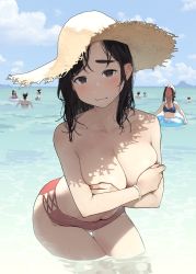 Rule 34 | 2girls, :3, beach, bikini, black hair, blue bikini, blush, breasts, brown eyes, cleavage, cloud, collarbone, commentary request, covering breasts, covering privates, douki-chan (douki-chan), ganbare douki-chan, hat, highres, innertube, kouhai-chan (douki-chan), large breasts, mature female, medium hair, mole, mole on breast, mole on cheek, mole on thigh, multiple girls, multiple moles, pink bikini, sky, straw hat, surprised, swim ring, swimsuit, topless, wading, water, wavy mouth, wet, yomu (sgt epper)