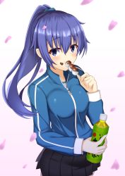 Rule 34 | 1girl, black skirt, blue jacket, blue scrunchie, blush, bottle, breasts, cherry blossoms, commentary request, dango, eating, food, food on face, gradient hair, hair between eyes, hair ornament, hair scrunchie, high ponytail, holding, holding bottle, holding food, iseshi, jacket, long hair, long sleeves, looking at viewer, multicolored hair, original, petals, pink background, pleated skirt, ponytail, purple eyes, purple hair, scrunchie, skirt, small breasts, solo, wagashi, white background