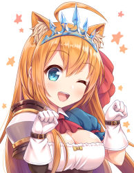 Rule 34 | 1girl, ;d, ahoge, animal ear fluff, animal ears, ascot, blue eyes, blush, bow, breasts, cleavage, collared shirt, commentary request, gloves, hair between eyes, hair ribbon, hands up, highres, kemonomimi mode, medium breasts, one eye closed, open mouth, orange hair, paw pose, pecorine (princess connect!), princess connect!, puffy short sleeves, puffy sleeves, red ascot, red ribbon, ribbon, shirt, short sleeves, simple background, smile, solo, star (symbol), teeth, tiara, tomo (tmtm mf mf), upper body, upper teeth only, white background, white gloves, yellow bow