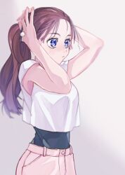 Rule 34 | 1girl, armpits, arms up, bare arms, between fingers, black undershirt, blue eyes, blush, breasts, brown hair, bunching hair, closed mouth, commentary request, cropped shirt, fingernails, hands on own head, highres, holding, long hair, looking ahead, medium breasts, nogarenano, original, ponytail, shirt, short sleeves, solo, tying hair, up sleeve, upper body, white background, white shirt