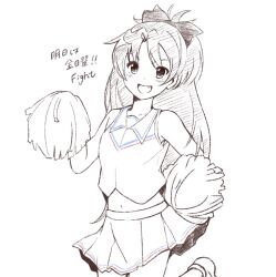 Rule 34 | 1girl, ansysk ngd, bare shoulders, bow, cheerleader, commentary, cropped legs, cropped shirt, fang, hair bow, high ponytail, leg up, long hair, looking at viewer, mahou shoujo madoka magica, midriff, miniskirt, monochrome, navel, open mouth, pleated skirt, pom pom (cheerleading), sakura kyoko, shirt, sketch, skirt, sleeveless, sleeveless shirt, smile, solo, standing, standing on one leg