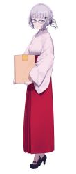 Rule 34 | 1girl, black footwear, blunt bangs, box, daisi gi, fate/grand order, fate (series), glasses, grey eyes, grey hair, hair ornament, hairpin, hakama, hakama skirt, high heels, highres, holding, holding box, jacques de molay (foreigner) (fate), japanese clothes, kimono, miko, red hakama, sidelocks, skirt, solo, white background, white kimono