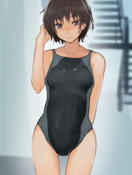 Rule 34 | 1girl, amagami, black hair, brown eyes, competition swimsuit, gradient background, highres, megane chuu, nanasaki ai, one-piece swimsuit, short hair, solo, swimsuit, wet