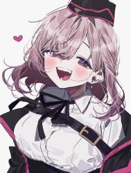 Rule 34 | 1girl, 3j dangan, black hat, black ribbon, blush, breasts, chest harness, garrison cap, half-closed eyes, harness, hat, heart, highres, hypnosis mic, keitoin honobono, large breasts, medium hair, open mouth, pink hair, ribbon, shirt, simple background, smile, solo, upper body, white background, white shirt