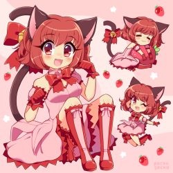 Rule 34 | 1girl, :3, :d, ;d, animal ears, bell, blush, boots, bow, bowtie, brooch, cat ears, cat girl, cat tail, chibi, closed eyes, detached collar, detached sleeves, dress, food, footwear bow, fruit, gloves, hair bell, hair bow, hair ornament, heart, heart brooch, jewelry, jumping, knee boots, leg ribbon, looking to the side, mew ichigo, momomiya ichigo, multiple views, hugging object, one eye closed, open mouth, paw pose, red eyes, red hair, ribbon, rockusocku, short hair, short sleeves, sitting, smile, strapless, strapless dress, strawberry, tail, thigh ribbon, tokyo mew mew, tokyo mew mew new