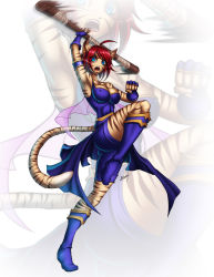 Rule 34 | 1girl, animal ears, blue eyes, breasts, breath of fire, capcom, cat ears, covered erect nipples, fur, highres, karosu maker, medium breasts, nipples, red hair, rinpoo chuan, spinning, staff, tail, tiger stripes, white background