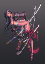 Rule 34 | 1girl, ass, bent over, bikini, black hair, breasts, butt crack, cleavage, colored skin, demon girl, full body, hand on own ass, high heels, horns, katana, large breasts, leaning forward, legs, lips, long hair, long legs, looking at viewer, love cacao, narrow waist, oni, ootachi, open shoes, original, pointy ears, red oni, red skin, rope, side-tie bikini bottom, simple background, solo, swimsuit, sword, tabi, thighs, vambraces, warrior, weapon, yellow eyes
