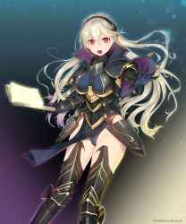 Rule 34 | 1girl, armor, armored boots, armored dress, black capelet, black leotard, black thighhighs, blonde hair, blue background, blurry, bokeh, book, boots, breastplate, breasts, capelet, clawed gauntlets, commentary, corrin (female) (fire emblem), corrin (fire emblem), depth of field, feet out of frame, fire emblem, fire emblem fates, floating hair, gauntlets, groin, hair between eyes, hairband, highleg, highleg leotard, highres, holding, holding book, kashiwamochi yomogi, leotard, leotard under clothes, light particles, long hair, looking at viewer, medium breasts, nintendo, open book, open hand, open mouth, outstretched arm, outstretched hand, pelvic curtain, purple background, red eyes, solo, thigh boots, thighhighs, thighs, twitter username, v-shaped eyebrows, yellow background