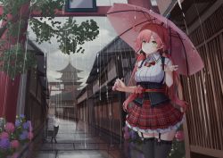 Rule 34 | 1girl, absurdres, ahoge, alley, architecture, black bow, black thighhighs, blush, bow, cat, collared shirt, commentary request, corset, cowboy shot, east asian architecture, flower, frilled skirt, frills, garter straps, green eyes, hair between eyes, hair bow, highres, holding, holding umbrella, hololive, hydrangea, long hair, looking at viewer, nyan (reinyan 007), outdoors, parted lips, pink hair, plaid, plaid skirt, pleated skirt, purple flower, rain, red flower, red skirt, sakura miko, sakura miko (casual), shirt, skirt, sleeveless, sleeveless shirt, solo, standing, thighhighs, twintails, umbrella, very long hair, virtual youtuber, white shirt