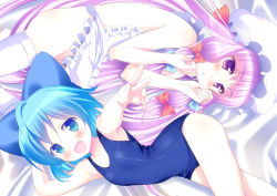 Rule 34 | 2girls, apron, arm behind head, armpits, blue eyes, blue hair, blush, bow, cirno, foreshortening, hair bow, hat, lying, multiple girls, naked apron, nude, one-piece swimsuit, open mouth, patchouli knowledge, pikazo, purple eyes, purple hair, rotational symmetry, school swimsuit, smile, swimsuit, thighhighs, touhou, v