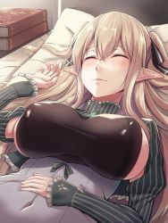 Rule 34 | 1girl, blonde hair, blush, breasts, covered erect nipples, covered navel, elf, green eyes, hair ribbon, hiruno, large breasts, long hair, lying, on back, on bed, original, parted lips, pointy ears, ribbon, shrug (clothing), sidelocks, silvy (hiruno), sleeping, solo, two side up