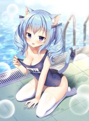 Rule 34 | 1girl, animal ear fluff, animal ears, artist request, black bow, blue hair, blue one-piece swimsuit, blush, bow, breasts, bubble, cat ears, cat girl, cat tail, check artist, cleavage, clothes pull, collarbone, double-parted bangs, hair bow, kneeling, mauve, medium breasts, one-piece swimsuit, one-piece swimsuit pull, open mouth, original, poolside, purple eyes, ronne-chan (mauve), sitting, solo, swimsuit, tail, tail bow, tail ornament, thighhighs, third-party source, twintails, wariza, white thighhighs