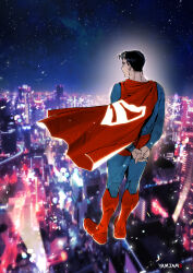Rule 34 | 1boy, absurdres, arms behind back, artist name, black hair, blue eyes, bodysuit, cape, city, city lights, clark kent, dc comics, floating, from behind, highres, korean commentary, male focus, my adventures with superman, night, night sky, sky, star (sky), starry sky, superman, superman (series), yamjams