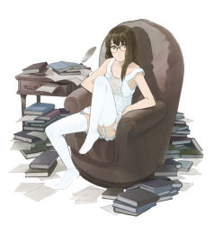 Rule 34 | 1girl, armchair, book, book stack, brown hair, chair, garter belt, glasses, long hair, paper, quill, sitting, solo, thighhighs, white thighhighs