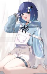 Rule 34 | 1girl, 4kebidayo, :d, absurdres, barefoot, black collar, blue hair, blue hoodie, blue nails, blunt bangs, blush, bow, collar, dark blue hair, gem hair ornament, grey eyes, hair bow, highres, hood, hoodie, looking at viewer, open mouth, overall shorts, overalls, short hair, sitting, sleeves past wrists, smile, solo, thigh strap, thighs, tsumugi kokage, v over eye, virtual youtuber, vspo!, wariza, water drop hair ornament, white overalls