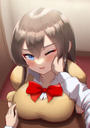 Rule 34 | 1boy, 1girl, blue eyes, blush, bow, bowtie, breast poke, breast rest, breasts, breasts on table, brown hair, button gap, cheek press, collarbone, collared shirt, disciplinary committee-chan (maku ro), from above, hair between eyes, hand on another&#039;s cheek, hand on another&#039;s face, indoors, large breasts, long hair, long sleeves, looking at viewer, maku ro, one eye closed, open mouth, original, poking, pov, pov hands, school uniform, shirt, taut clothes, upper body