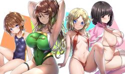 Rule 34 | 4girls, :/, :3, absurdres, alternate costume, alternate hairstyle, anger vein, arm support, armpits, arms behind head, bare shoulders, bikini, black eyes, black hair, blonde hair, blue eyes, blue one-piece swimsuit, blush, bob cut, breasts, bright pupils, brown eyes, brown hair, cameltoe, cleavage, cleft of venus, closed mouth, collarbone, commentary, covered erect nipples, covered navel, cowboy shot, criss-cross halter, ebora, elbow gloves, english commentary, english text, expressionless, frenda seivelun, from side, glaring, gloves, gradient gloves, gradient legwear, green background, green one-piece swimsuit, groin, hair between eyes, halterneck, highleg, highleg swimsuit, highres, jacket, jacket on shoulders, kinuhata saiai, knee up, kneeling, large breasts, leg up, legs, long hair, looking at viewer, low-tied long hair, mugino shizuri, multicolored clothes, multicolored swimsuit, multiple girls, navel, o-ring, o-ring bikini, one-piece swimsuit, open clothes, open jacket, orange background, orange one-piece swimsuit, parted bangs, pink background, pink gloves, pink jacket, pink thighhighs, ponytail, print swimsuit, red bikini, school swimsuit, short hair, sideboob, simple background, sitting, slit pupils, small breasts, string bikini, sweat, swept bangs, swimsuit, takitsubo rikou, thigh strap, thighhighs, thighs, toaru anbu no item, toaru kagaku no railgun, toaru majutsu no index, track jacket, two-tone background, two-tone one-piece swimsuit, two-tone swimsuit, wet, white background, white bikini, white gloves, white one-piece swimsuit, white pupils, white thighhighs, yellow one-piece swimsuit