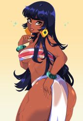 Rule 34 | 1girl, ass, black hair, breasts, brown eyes, chel (the road to el dorado), dark-skinned female, dark skin, earrings, female focus, from behind, gradient background, highres, jewelry, lips, loincloth, long hair, looking at viewer, medium breasts, parted lips, queen ashi, solo, strapless, the road to el dorado, tube top, underboob, wet, yellow background